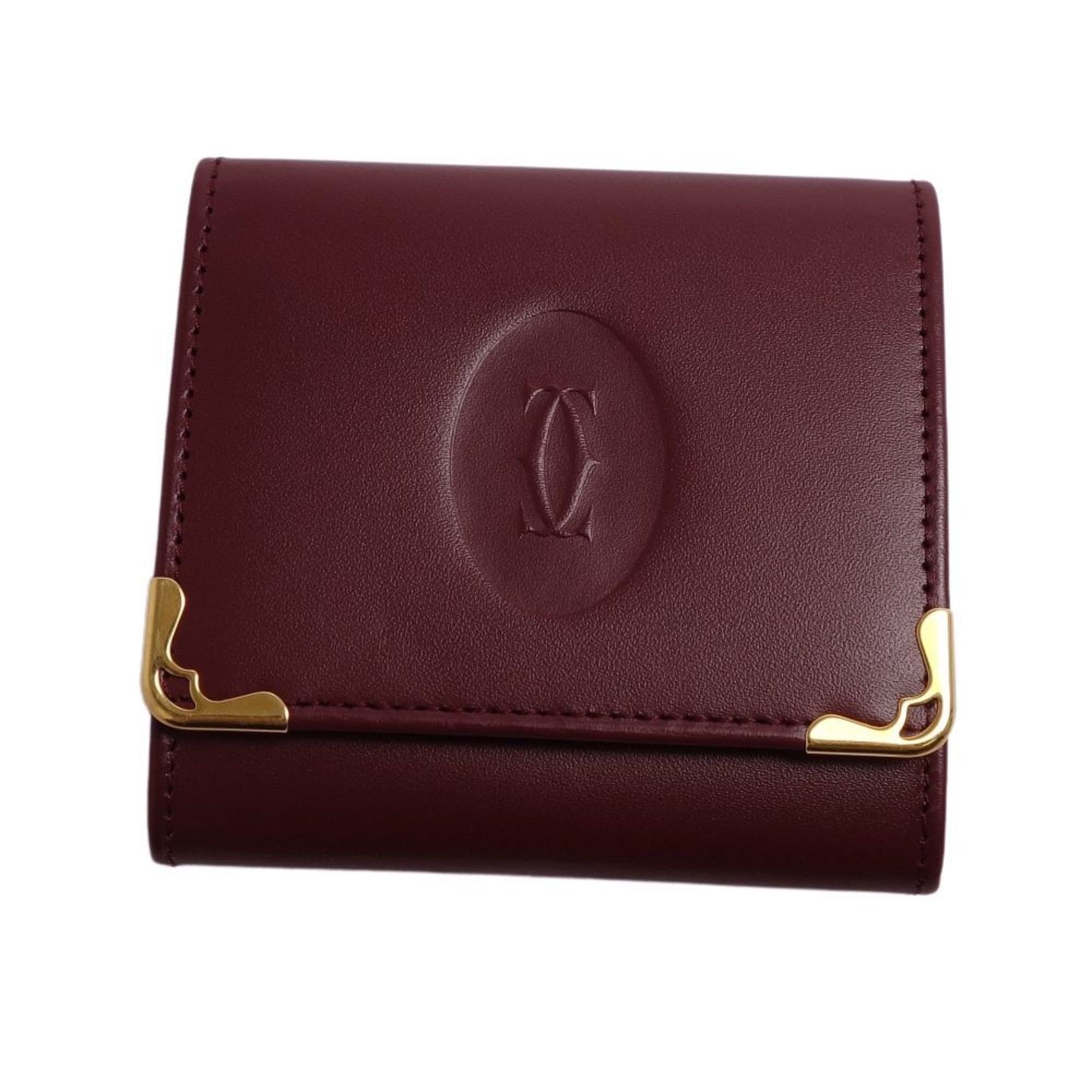 Cartier Wallet Coin Case Mast Line Calf Leather Ladies Bordeaux